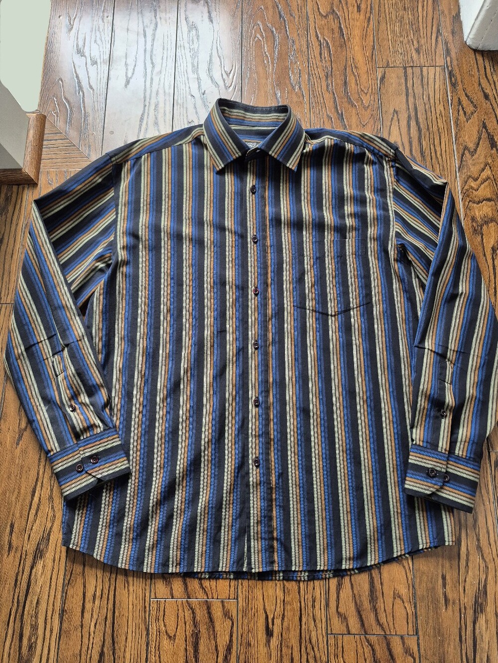 Men's Long-Sleeve Striped Button-Up Dress Shirt - Gray/Blue/Black - Medium 15.5